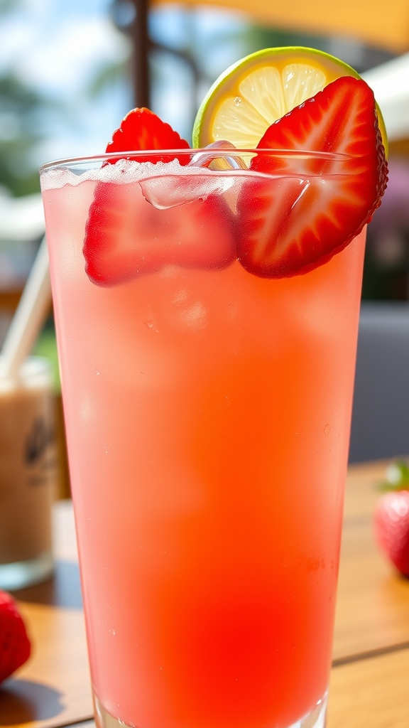 A refreshing strawberry vodka daiquiri garnished with strawberries and lime, served in a chilled glass.